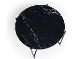 Lifa Living - Ronde Bijzettafel - Marmerlook - Zwart - Glazen Tafelblad - Metalen frame - ø 48 x 40 cm - Draagcapaciteit 5 kg - Luxe - Minimalistisch