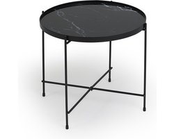 Lifa Living - Ronde Bijzettafel - Marmerlook - Zwarte Koffietafel - Glazen Tafelblad - Metalenframe - ø 38 x 50 cm - Draagcapaciteit 5 kg - Luxe - Minimalistisch