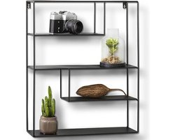 LIFA LIVING Wandrek Bilbao - Wandplank Industrieel - Metaal - 4 Planken - Rechthoekig Kruidenrek - Zwart - Voor Keuken, Slaapkamer, Woonkamer - 55 x 45 x 11 cm