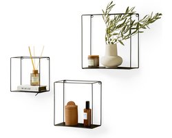 Lifa Living - Wandrek Gerona - Set van 3 - Zwart - Metaal - Industrieel - 22 x 12 x 22 cm - 27 x 12 x 27 cm - 32 x 12 x 32 cm