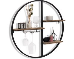 LIFA LIVING Wandrek Industrieel – Muurrek met Glazenhouder - Zwart – Rond – Metaal & Hout – 58 x 11 cm