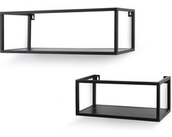 Lifa Living - Wandrek Madrid - Set van 2 - Metaal en Hout - Zwart - Industrieel - 37 x 15 x 15 cm - 57 x 18 x 18 cm - Max. Capaciteit 2 kg