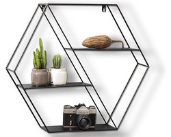 LIFA LIVING Wandrek Marbella - Wandplank Industrieel - Metaal - 4 Lagen - Zeshoekig Kruidenrek - Zwart - Voor Keuken, Slaapkamer, Woonkamer - 58 x 51 x 11 cm