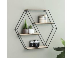 LIFA LIVING Wandrek Marbella - Wandplank Industrieel - Metaal en MDF Hout - 4 Planken - Zeshoekig Kruidenrek - Zwart - Voor Keuken, Slaapkamer, Woonkamer - 58 x 51 x 11 cm