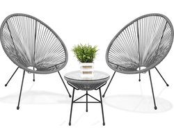 LifeGoods Acapulco Bistroset 2 Persoons - Balkonset - 3-Delig - Tuinset met Bijzettafel - Tuinstoelen - Grijs