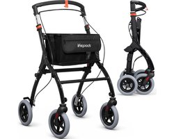 LifeGoods Binnen Rollator – Lichtgewicht en Opvouwbaar (6.7KG) – Met Dienblad en Opbergmand – Tot 110KG Draagkracht – Zwart