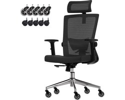 LifeGoods Ergonomische Bureaustoel - met Extra Anti-Kras Wielen - Office Chair - NEN- en SGS-gecertificeerd - Volwassenen - Hoofdsteun - Zwart/Chroom