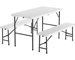 LifeGoods Inklapbare Picknickset - 124cm x 61,5cm - Tuintafel met 2 Banken - Weerbestendig - Campingtafel - Biertafel Opklapbaar - Voor Binnen en Buiten - Voor 4 tot 6 Personen - Wit