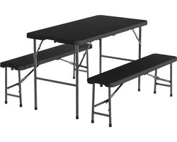 LifeGoods Inklapbare Picknickset - 124cm x 61,5cm - Tuintafel met 2 Banken - Weerbestendig - Campingtafel - Biertafel Opklapbaar - Voor Binnen en Buiten - Voor 4 tot 6 Personen - Zwart