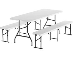 LifeGoods Inklapbare Picknickset - 180cm x 74cm - Tuintafel met 2 Banken - Weerbestendig - Campingtafel - Biertafel Opklapbaar - Voor Binnen en Buiten - Voor 6 tot 8 Personen - Wit