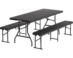 LifeGoods Inklapbare Picknickset - 180cm x 74cm - Tuintafel met 2 Banken - Weerbestendig - Campingtafel - Biertafel Opklapbaar - Voor Binnen en Buiten - Voor 6 tot 8 Personen - Rattan Zwart