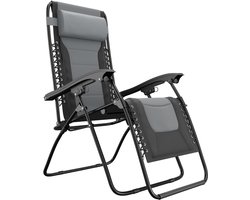 LifeGoods Ligstoel Comfort - Opvouwbaar - 30°-90° Verstelbaar - Beker en Telefoonhouder - Tuinstoel - Zwart/Grijs