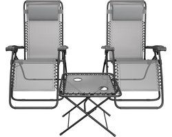 LifeGoods Ligstoelen - Opvouwbaar - Complete set - Met Bijzettafel - 30°-90° Verstelbaar - Tuinstoelen - Metaal - Grijs
