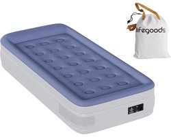 LifeGoods Luchtbed - 1 Persoons - Luchtmatras met Ingebouwde Pomp en Kussen - Opblaasbed - Incl. Draagtas en Reparatiekit - 196x96x47cm - Wit/Blauw