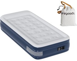 LifeGoods Luchtbed - 1 Persoons - Luchtmatras met Ingebouwde Pomp - Opblaasbed - Incl. Draagtas en Reparatiekit - Blauw/Wit