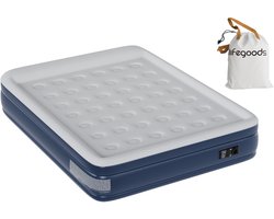 LifeGoods Luchtbed - 2 Persoons - Luchtmatras met Ingebouwde Pomp en Kussen - Opblaasbed - Incl. Draagtas en Reparatiekit - 203x158x48cm - Blauw/Wit
