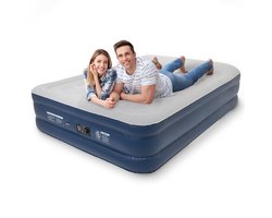 LifeGoods Luchtbed - 2 Persoons - Luchtmatras met Ingebouwde Pomp - Opblaasbed - Incl. Draagtas en Reparatiekit - Blauw/Wit