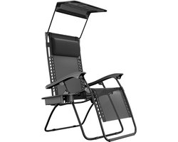 LifeGoods Opvouwbare Tuinstoel - Verstelbaar Zonnescherm - Ligstoel Tuin - 30°-90° Verstelbaar - Metaal - Zwart