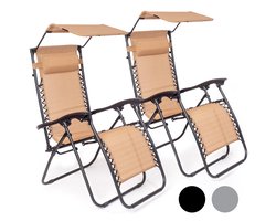 LifeGoods Opvouwbare Tuinstoelen - Verstelbaar Zonnescherm - Ligstoel Tuin - 2 Stuks - 30°-90° Verstelbaar - Metaal - Beige