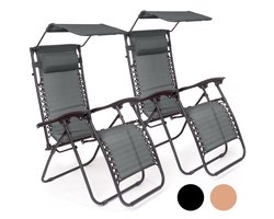 LifeGoods Opvouwbare Tuinstoelen - Verstelbaar Zonnescherm - Ligstoel Tuin - 2 Stuks - 30°-90° Verstelbaar - Metaal - Donkergrijs