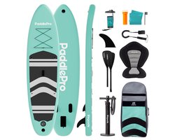 LifeGoods PaddlePro SUP Board - met Zitje - Opblaasbaar Paddle Board - Complete Set - Max. 150KG - 320x81cm - Mintgroen/Zwart