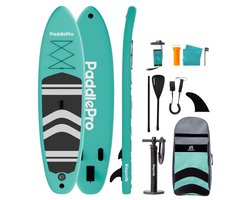 LifeGoods PaddlePro SUP Board - Opblaasbaar Paddle Board - Complete Set - Max. 150KG - 320x81cm - Mintgroen/Zwart