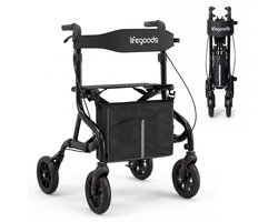 LifeGoods Rollator Lichtgewicht en Opvouwbaar (5,9KG) – Met Zitje en Stokhouder – Voor Binnen en Buiten – Verstelbaar tot 200CM Lichaamslengte – Tot 136KG Draagkracht – Zwart
