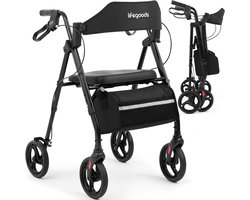 LifeGoods Rollator – Lichtgewicht en Opvouwbaar – Voor Binnen en Buiten met Zitje, Opbergtas en Reflectoren – Verstelbare Hoogte – Tot 158KG Draagkracht – Zwart