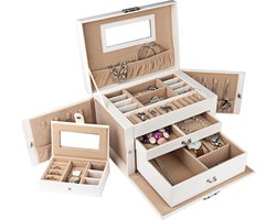 LifeGoods Sieradendoos XL - Juwelendoos - 20 Vakken - Juwelenkistje - Sieradendoos voor Volwassenen - Wit/Beige