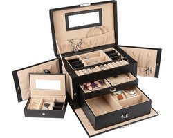 LifeGoods Sieradendoos XL - Juwelendoos - 20 Vakken - Juwelenkistje - Sieradendoos voor Volwassenen - Zwart/Beige