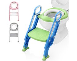 LifeGoods WC Verkleiner - Toilettrainer met Opstapje / Trapje - Opvouwbaar, compact, in hoogte verstelbaar - Potje Peuter - 1 tot 7 Jaar - Met zacht kussen en handvaten - Groen/Blauw