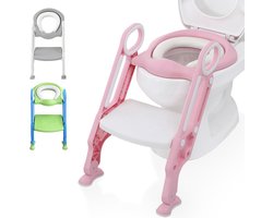 LifeGoods WC Verkleiner - Toilettrainer met Opstapje / Trapje - Opvouwbaar, compact, in hoogte verstelbaar - Potje Peuter - 1 tot 7 Jaar - Met zacht kussen en handvaten - Roze/Wit