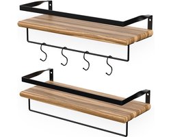 LifeGoods Zwevende Houten Wandplank Set met Handdoekhouder en 8 Haakjes | 2 Stuks | Industrieel | Geschikt voor Keuken, Woonkamer, Slaapkamer, Kinderkamer en als Muurdecoratie | 41cm | Bruin/Zwart