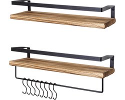 LifeGoods Zwevende Wandplank - 2 Stuks - 41cm - Handdoekhouder en 8 Haakjes - Industrieel - Hout - Bruin/Zwart
