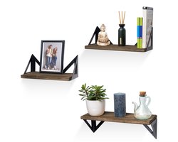 LifeGoods Zwevende Wandplank - 3 Stuks - tot 42cm - Boekenplank en 8 Haakjes - Industrieel - Hout - Donkerbruin