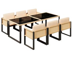 Lifero Tafel met Stoelen - Tuin Eettafelset - Tuinmeubel - Eettafel met Glazen Blad - Rotan Stoelen 6 - Tuinset Incl. Kussens