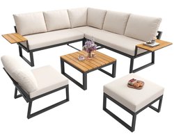 Lifero Tuinset - Loungeset Tuinmeubels - Tuinbank set - Tuinmeubelen - Tuinstoelen - Tuintafel - Met Voetenbank - Beige met Zwart
