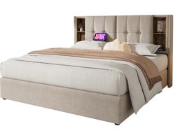 Lifero Tweepersoonsbed 180x200 - Bedframe - Gestoffeerd Bed met Opbergruimte - Hoofdboord met Vakken - Draadloos Opladen
