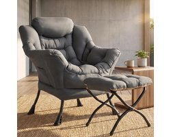 LIFERUN Relaxstoel met voetensteun - Comfortabele Relaxfauteuil met metalen frame en zijvak - tot 150 kg voor woonkamer en lezen