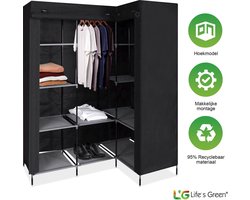 Life's Green Hoekkast Kleding – B126xD40xH170CM – Kledingrek met 9 Legplanken – Stoffen Kledingkast – Kleerkast opvouwbaar – 90KG Draagvermogen – Zwart