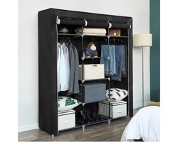 Life's Green KM2Z XXL Opvouwbare Kledingkast – 9 Legplanken en 2 ophangstangen – Stalen Frame met 200kg Draagkracht – Stoffen Garderobekast– Stevige kast kamperen – Ruimtebesparende Kleerkast – Opbergkast – Duurzaam Legkast – 150x45x175CM – Zwart