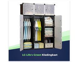 Life's Green Modulaire Opbergkast - 110 x 46,5 x 145 cm - Kast met 12 opslagvakken en 2 ophangstangen - Kunststof Kledingkast - Vakkenkast - Zwart