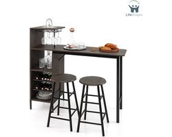 LifeStages - Barmeubel - Barkast - Drankkast - Bartafel met Barkrukset - 2 Personen- Bartafelset met Houders voor Wijnglazen en Flessen - Bruin Vintage