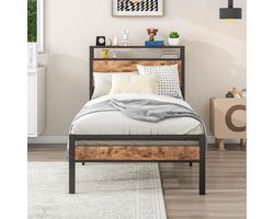 LifeStages® Bedframe van metaal, 90 x 200 cm, houten bedframe met opbergruimte, hoofdeinde, eenpersoonsbed, logeerbed, tienerbed, 90 x 200 cm, vintage bruin + zwart