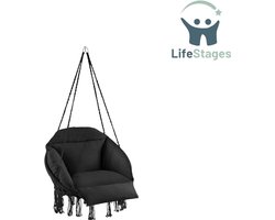 LifeStages - Ei Stoel - Hangstoel - Hangschommel met Dikke Kussens en Kwastjes - Boho Hangmand - Hangstoel met Frame voor Tuin, Balkon en Woonkamer - Nestschommel voor Buiten & Binnen - Zwart
