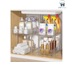 LifeStages - Gootsteenkast Organizer - Onderkast Organiser - Keukenkast Organiser - Set van 2 Onder Gootsteen Smalle Keukenkast Organiser - Uitschuifbaar Staand Rek Voor Hangende Kast, Gootsteen En Badkamer