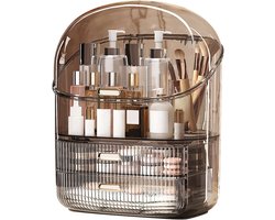 LifeStages® Grote make-up cosmetische organizer met 2 laden, stofdichte cosmetische opberger met deksel, cosmetische huidverzorging organizer voor kaptafel, badkamer, slaapkamer (bruin)