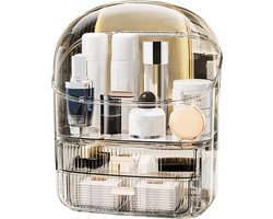 LifeStages® Grote make-up cosmetische organizer met 2 laden, stofdichte cosmetische opberger met deksel, cosmetische huidverzorging organizer voor kaptafel, badkamer, slaapkamer (transparant)