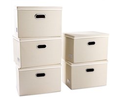 LifeStages® Grote opvouwbare opbergdozen met deksel, 5 stuks, opvouwbare opbergdozen van stof, dozen, organizer, manden, crème (45 x 30 x 30 cm)