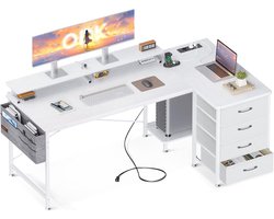 LifeStages® Hoekbureau, wit, L-vorm met opbergruimte, 160 x 80 x 84,7 cm, L-vormig bureau met 2 USB-oplaadaansluitingen en 2 stopcontacten, tafel L-vorm met 4 laden en monitorplank voor thuiskantoor